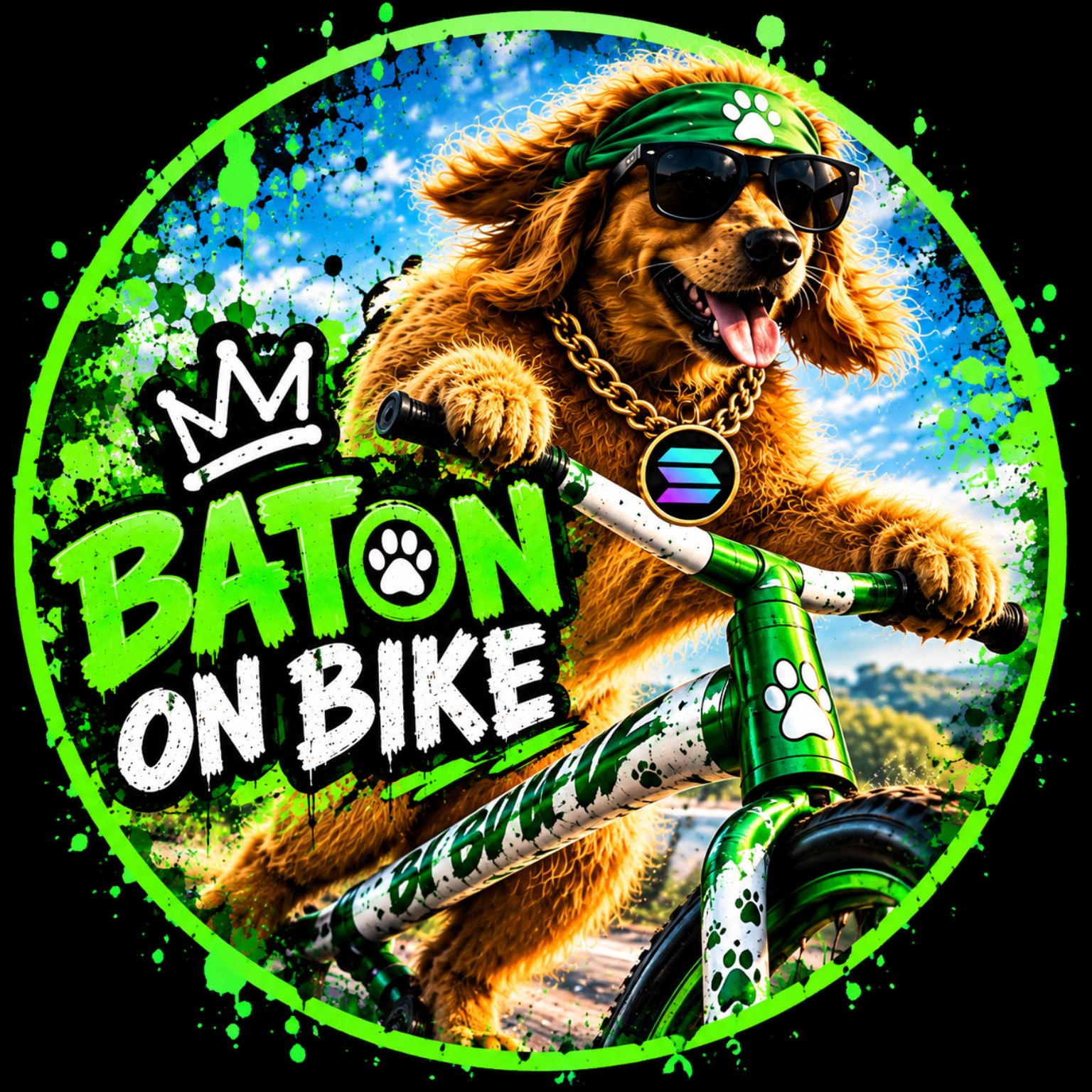 Baton On Bike dog riding a green bike